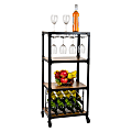 Mind Reader Woodland Collection Rolling 4-Tier Cart with Stemware Rack and Wine Rack, 39" H x 12" W x 17-357/20" D, MFD and Metal, Black