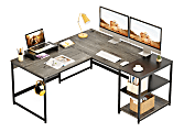 Bestier 59"W L-Shape Color Matching Desk With Monitor Stand & Storage Shelf, Retro Grey Oak-Dark