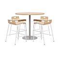 KFI Studios Proof Round High Bistro Table With 4 Low Back Stools, Natural/Silver Table, Natural/White Chairs