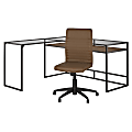 Bush Furniture Anthropology 60"W Glass Top L-Shaped Desk With Mid-Back Ribbed Leather Office Chair, Rustic Brown Embossed, Standard Delivery