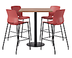KFI Studios Proof Bistro Square Pedestal Table With Imme Bar Stools, Includes 4 Stools, 43-1/2”H x 42”W x 42”D, River Cherry Top/Black Base/Coral Chairs