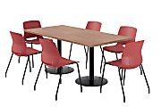 KFI Studios Proof Rectangle Pedestal Table With Imme Chairs, 31-3/4”H x 72”W x 36”D, River Cherry Top/Black Base/Coral Chairs