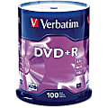 Verbatim® AZO DVD+R Recordable Media With Branded Surface, 4.7GB/120 Minutes/16x Speed, Spindle Of 100
