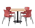 KFI Studios Proof Cafe Pedestal Table With Imme Chairs, Square, 29”H x 36”W x 36”W, Maple Top/Black Base/Coral Chairs