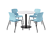 KFI Studios Midtown Pedestal Round Standard Height Table Set With Imme Armless Chairs, 31-3/4”H x 22”W x 19-3/4”D, Designer White Top/Black Base/Sky Blue Chairs