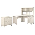 Bush Furniture Salinas 60"W L Shaped Desk with Hutch and Lateral File Cabinet, Antique White, Standard Delivery