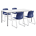 KFI Studios Dailey Table With 4 Sled Chairs, White/Silver Table, Navy/Silver Chairs