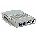 Omnitron OmniConverter 10/100/1000 PoE+ Gigabit Ethernet Fiber Media Converter Switch RJ45 SFP Wide Temp - 2 x 10/100/1000BASE-T; 2 x 100/1000BASE-X (SFP); US AC Powered; Lifetime Warranty 1 thumbnail image