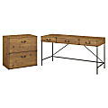 kathy ireland® Home by Bush Furniture Ironworks 60"W Writing Desk with Lateral File Cabinet, Vintage Golden Pine, Standard Delivery