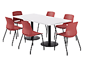 KFI Studios Proof Rectangle Pedestal Table With Imme Chairs, 31-3/4”H x 72”W x 36”D, Designer White Top/Black Base/Coral Chairs