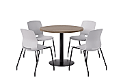 KFI Studios Midtown Pedestal Round Standard Height Table Set With Imme Armless Chairs, 31-3/4”H x 22”W x 19-3/4”D, Studio Teak Top/Black Base/Light Gray Chairs