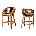 bali & pari Mario Modern Bohemian Finished Teak Wood/Rattan Counter-Height Stools With Backs, Natural Brown/Brown, Set Of 2 Stools