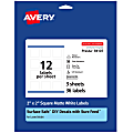 Avery® Durable Removable Labels With Sure Feed®, 94107-DRF3, Square, 2" x 2", White, Pack Of 36