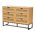 Baxton Studio Sawyer 47-1/4”W Mid-Century Modern Industrial Metal and Natural Rattan 6-Drawer Storage Cabinet, Oak Brown/Black 1 thumbnail image