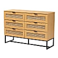 Baxton Studio Sawyer 47-1/4”W Mid-Century Modern Industrial Metal and Natural Rattan 6-Drawer Storage Cabinet, Oak Brown/Black