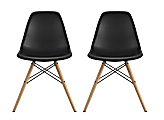 DHP Mid-Century Modern Molded Chairs With Wood Legs, Black/Birch, Set Of 2