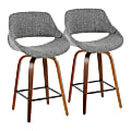 LumiSource Fabrico Counter Stools, Gray Seat/Walnut Frame/Black Square Footrest, Set Of 2 Stools