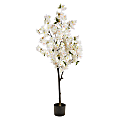 Nearly Natural Cherry Blossom 60”H Artificial Tree With Planter, 60”H x 24”W x 12”D, White/Black
