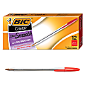 BIC® Cristal® Ballpoint Pens, Medium Point, 1.0 mm, Clear Barrel, Red Ink, Pack Of 12