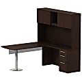 Bush Business Furniture 300 Series L Shaped Peninsula Desk And 60"W Glass Modesty Panel With Hutch And 3 Drawer Pedestal, Mocha Cherry, Standard Delivery