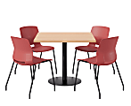 KFI Studios Proof Cafe Pedestal Table With Imme Chairs, Square, 29”H x 42”W x 42”W, Maple Top/Black Base/Coral Chairs 1 thumbnail image