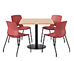 KFI Studios Proof Cafe Pedestal Table With Imme Chairs, Square, 29”H x 42”W x 42”W, Maple Top/Black Base/Coral Chairs