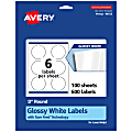 Avery® Glossy Permanent Labels With Sure Feed®, 94513-WGP100, Round, 3" Diameter, White, Pack Of 600
