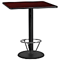 Flash Furniture Square Laminate Table Top With Round Bar Height Table Base And Foot Ring, 43-3/16”H x 36”W x 36”D, Mahogany