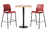 KFI Studios Proof Bistro Square Pedestal Table With Imme Bar Stools, Includes 2 Stools, 43-1/2”H x 30”W x 30”D, Maple Top/Black Base/Coral Chairs
