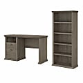 Bush Furniture Yorktown 50"W Home Office Desk With 5-Shelf Bookcase, Restored Gray, Standard Delivery