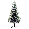 Nearly Natural Flocked Pine 60”H Artificial Fiber Optic Christmas Tree With Pinecones, Berries And LED Lights, 60”H x 33”W x 33”D, Green