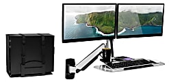 Mount-It! MI-7906 36"W Sit-Stand Dual-Monitor Wall-Mount Workstation With Articulating Keyboard Tray Arm And CPU Holder, Silver