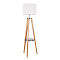 Lumisource Compass Mid-Century Modern Floor Lamp With Shelf, Natural Wood/White Linen