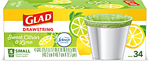Glad® Small Kitchen Drawstring Trash Bags, 4 Gallons, Febreze® Sweet Citron And Lime, Green, Box Of 34 Bags 1 thumbnail image