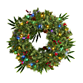 Nearly Natural 24”H Mixed Pine Artificial Christmas Wreath With 50 Multicolor LED Lights, Berries And Pine Cones, 24” x 5”, Green