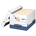 Bankers Box® Presto™ Heavy-Duty Storage Boxes With Locking Lift-Off Lids And Built-In Handles, Letter/Legal Size, 15" x 12" x 10", 60% Recycled, White/Blue, Case Of 2