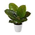Nearly Natural Rubber Leaf 11”H Artificial Plant With Planter, 11”H x 3”W x 3”D, Green/White