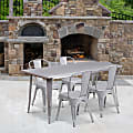 Flash Furniture Commercial-Grade Rectangular Metal Indoor-Outdoor Table with 4 Stack Chairs, 29-1/2"H x 31-1/2"W x 63"D, Silver 1 thumbnail image