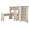 Bush Furniture Salinas 60"W L Shaped Desk with Hutch and 5 Shelf Bookcase, Antique White, Standard Delivery