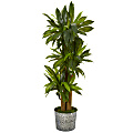 Nearly Natural Corn Stalk Dracaena 58”H Artificial Plant With Embossed Tin Planter, 58”H x 24”W x 24”D, Green/Black
