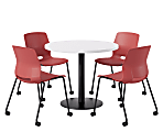 KFI Studios Proof Cafe Round Pedestal Table With Imme Caster Chairs, Includes 4 Chairs, 29”H x 36”W x 36”D, Designer White Top/Black Base/Coral Chairs