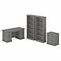 Bush Business Furniture Saratoga 66"W Executive Computer Desk With File Cabinet And 5-Shelf Bookcase Set, Modern Gray, Standard Delivery