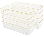 Martha Stewart Kerry Plastic Stackable Office Desk Drawer Organizers, 2"H x 3"W x 9"D, Clear/Gold Trim, Pack Of 8 Organizers 1 thumbnail image