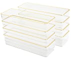 Martha Stewart Kerry Plastic Stackable Office Desk Drawer Organizers, 2"H x 3"W x 9"D, Clear/Gold Trim, Pack Of 8 Organizers