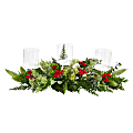 Nearly Natural 5”H Holiday Winter Greenery And Berries Triple Candle Holder Artificial Christmas Table Arrangement, 5”H x 20”W x 4”D, Clear/Green/Red