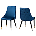 Baxton Studio Giada Velvet Fabric And Wood Dining Accent Chair Set, Glam/Luxe Navy Blue/Dark Brown, Set Of 2 Chairs