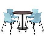KFI Studios Proof Cafe Round Pedestal Table With Imme Caster Chairs, Includes 4 Chairs, 29”H x 36”W x 36”D, Cafelle Top/Black Base/Sky Blue Chairs