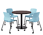 KFI Studios Proof Cafe Round Pedestal Table With Imme Caster Chairs, Includes 4 Chairs, 29”H x 36”W x 36”D, Cafelle Top/Black Base/Sky Blue Chairs 1 thumbnail image