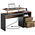 Bestier 60"W Large Lift-Top Adjustable-Height Office Standing Desk With File Drawer & Power Outlet USB, Rustic Brown