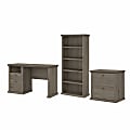 Bush Furniture Yorktown 50"W Home Office Desk With Lateral File Cabinet And 5-Shelf Bookcase, Restored Gray, Standard Delivery